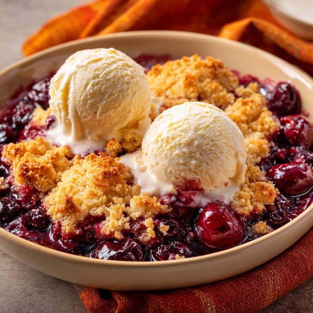Knuspriger Heidelbeer-Crumble mit Vanilleeis, eine Nahaufnahme zeigt die cremige Textur des Eises, das auf den warmen Crumble schmilzt.