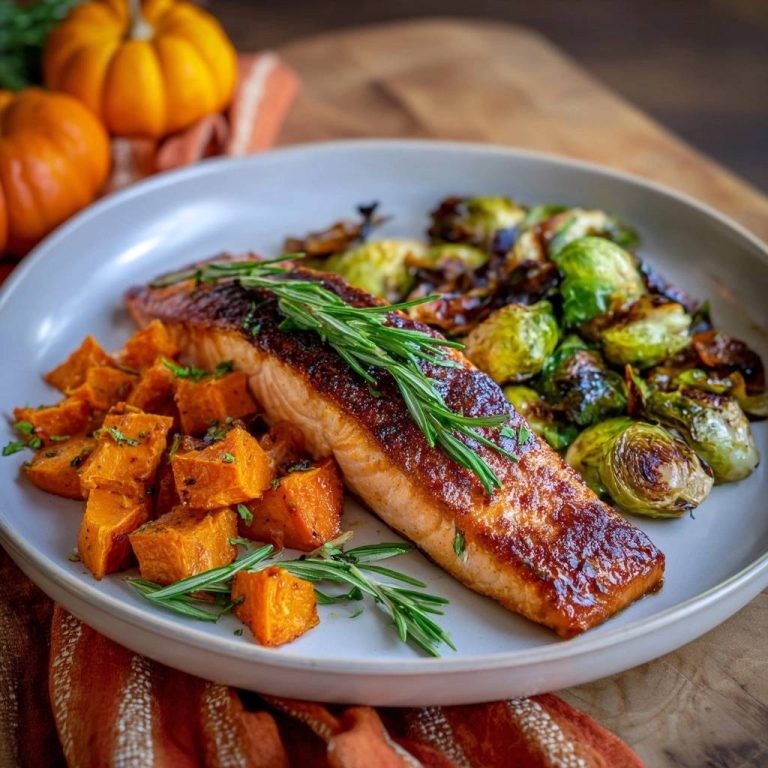 Herbstlicher Ofenlachs mit Süßkartoffeln und Rosenkohl, garniert mit frischem Rosmarin auf einem Teller.