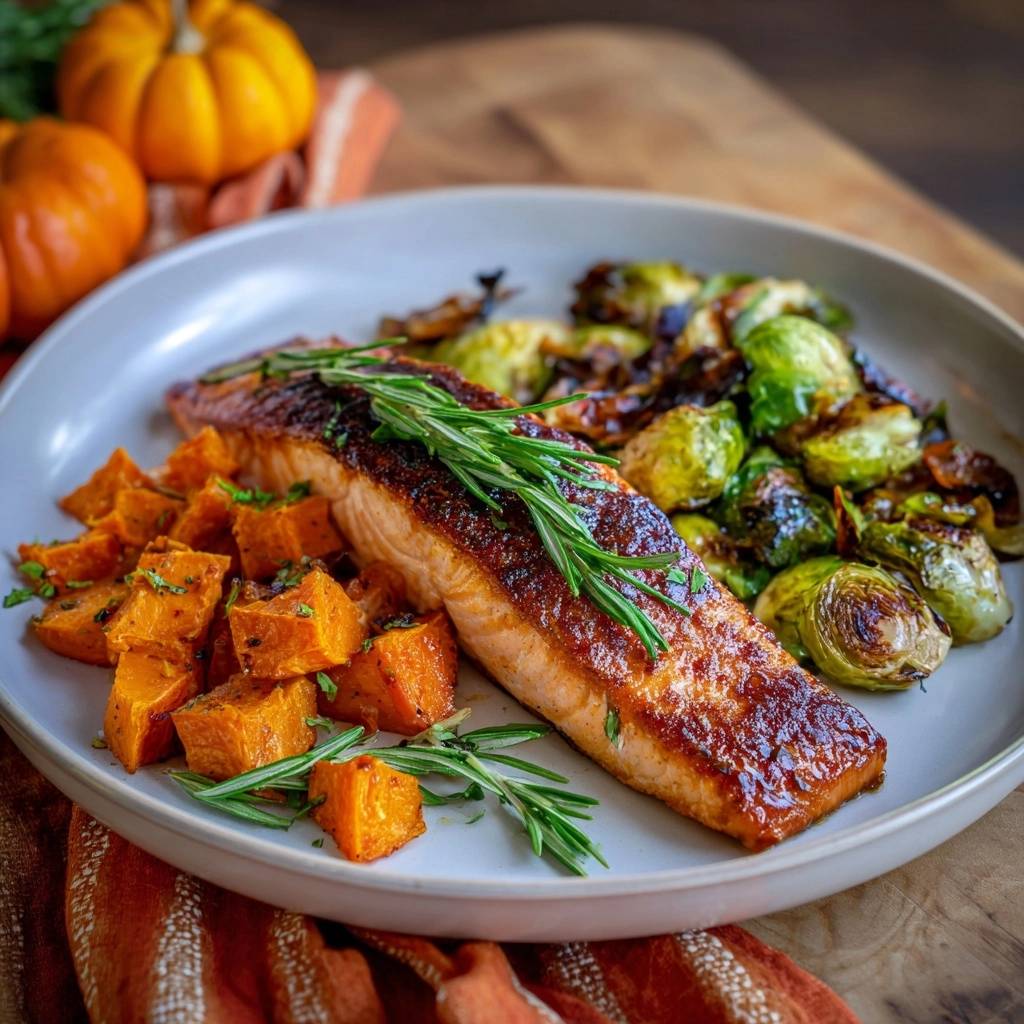 Herbstlicher Ofenlachs mit Süßkartoffeln und Rosenkohl, garniert mit frischem Rosmarin auf einem Teller.