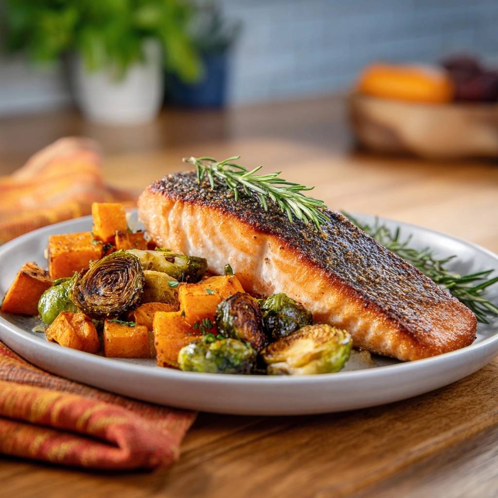 Herbstlicher Ofenlachs mit Süßkartoffeln und Rosenkohl, serviert auf einem Teller mit frischem Rosmarin garniert.