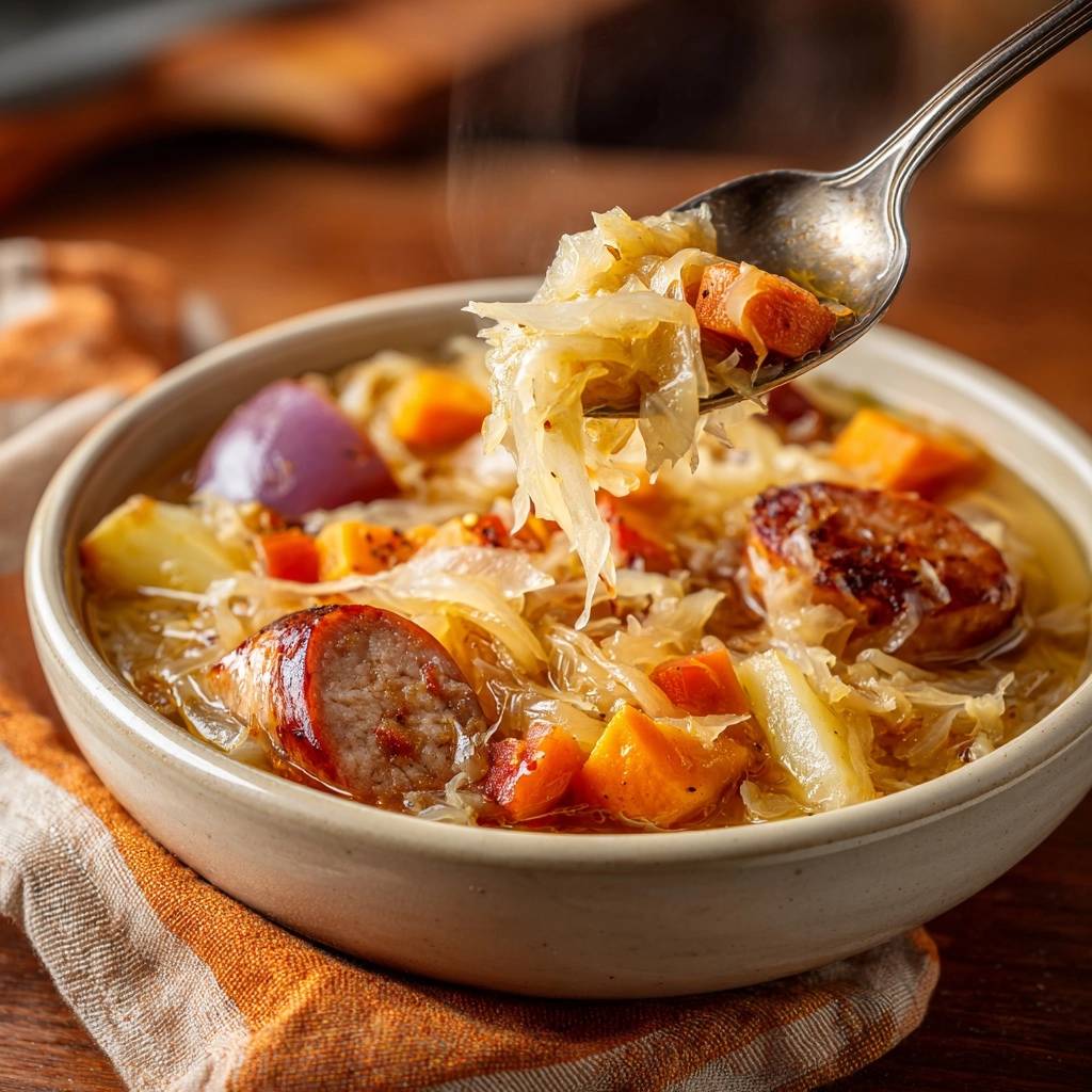 Herbstlicher Sauerkraut-Kürbis-Eintopf mit Würstchen, eine Portion wird mit einem Löffel aus der Schüssel gehoben, nahaufnahme.