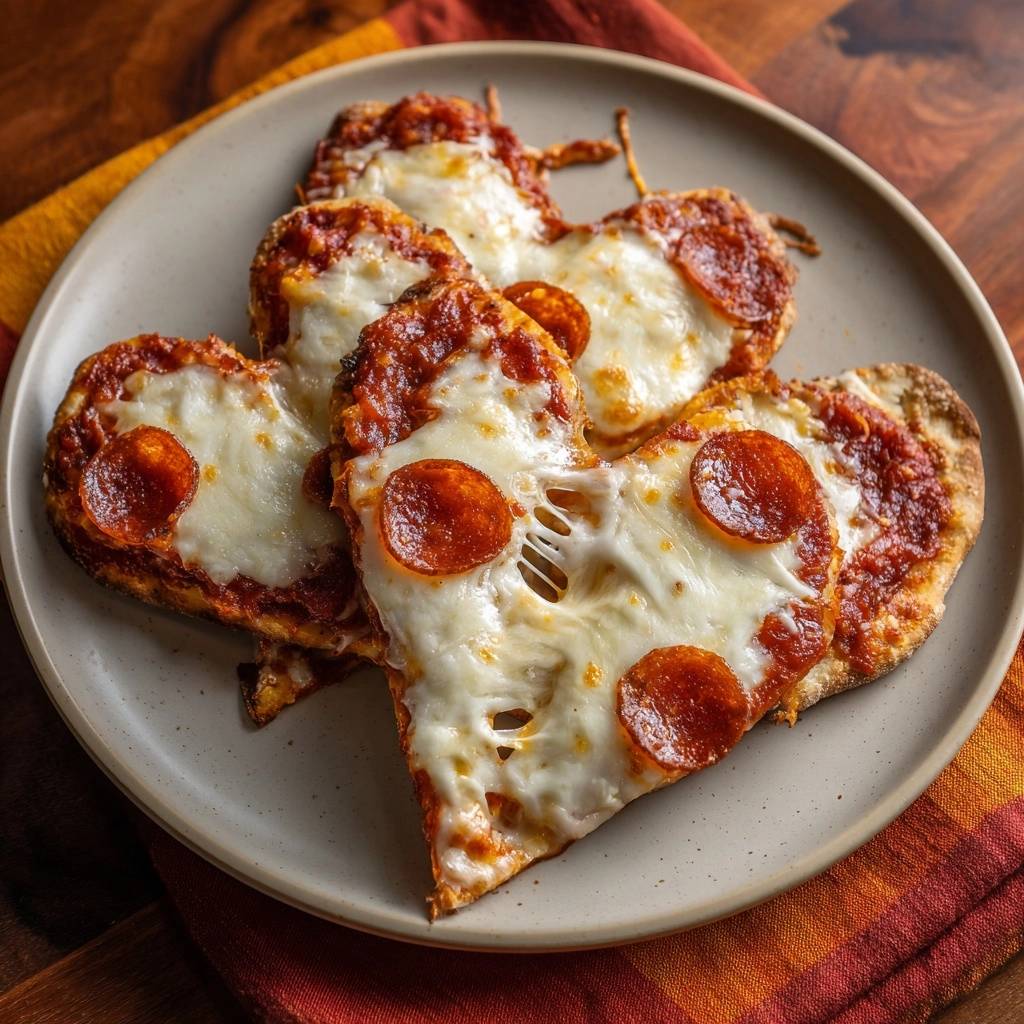 Herzförmige Pepperoni-Pizza mit geschmolzenem Käse und detaillierter Nahaufnahme der Beläge auf einem Teller.