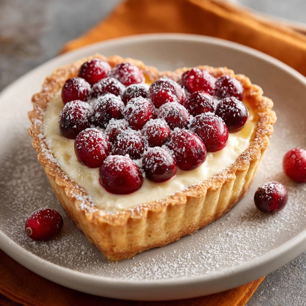 Herzförmige Preiselbeer-Creme-Tarte mit Puderzucker bestäubt und mit Cranberries garniert, auf einem Teller serviert.