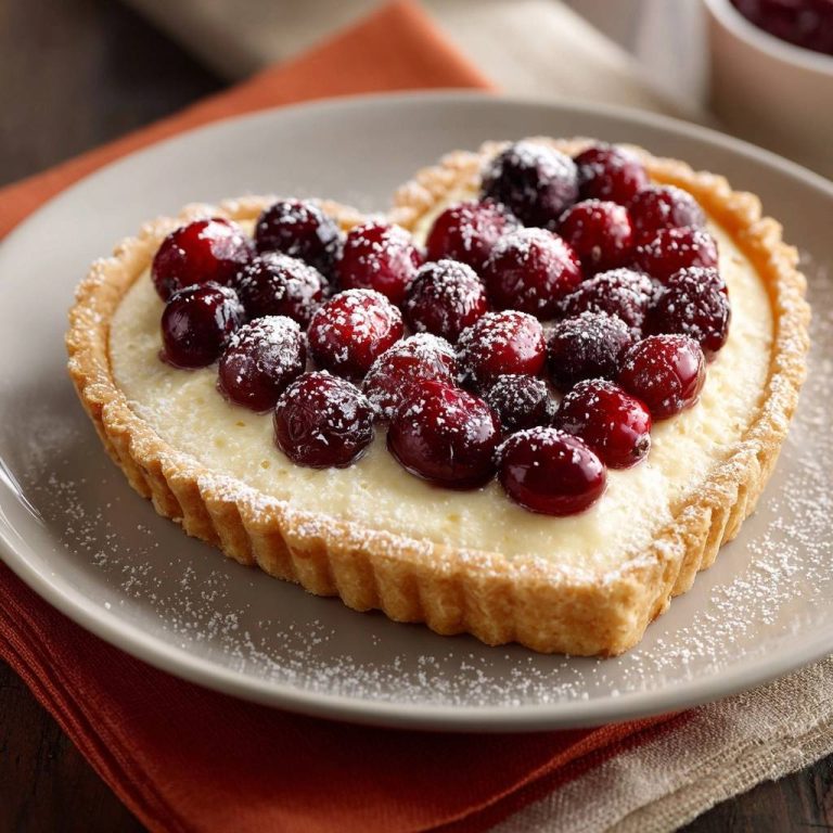 Herzförmige Preiselbeer-Creme-Tarte mit Puderzucker und frischen Preiselbeeren als Nahaufnahme auf einem Teller.