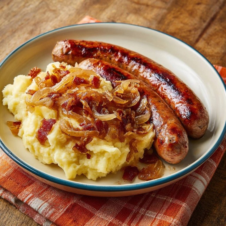 Herzhafte Bratwürste auf Kartoffelpüree mit karamellisierten Zwiebeln und Bacon, serviert auf einem Teller mit karierter Serviette.