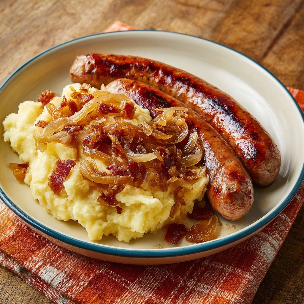 Herzhafte Bratwürste auf Kartoffelpüree mit karamellisierten Zwiebeln und Bacon, serviert auf einem Teller mit karierter Serviette.