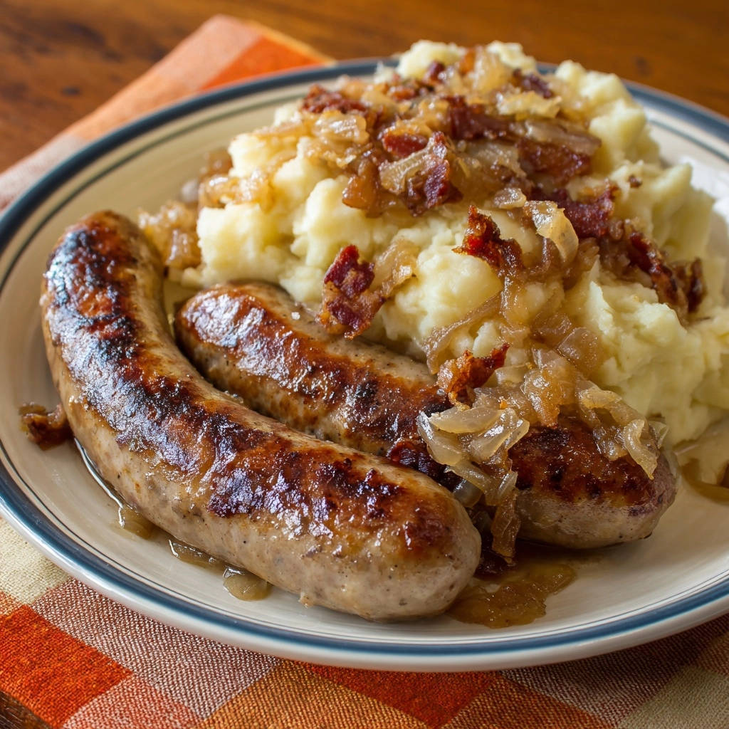 Herzhafte Bratwürste auf Kartoffelpüree mit karamellisierten Zwiebeln und Bacon, serviert auf einem Teller mit Nahaufnahme der Wurst und Beilage.