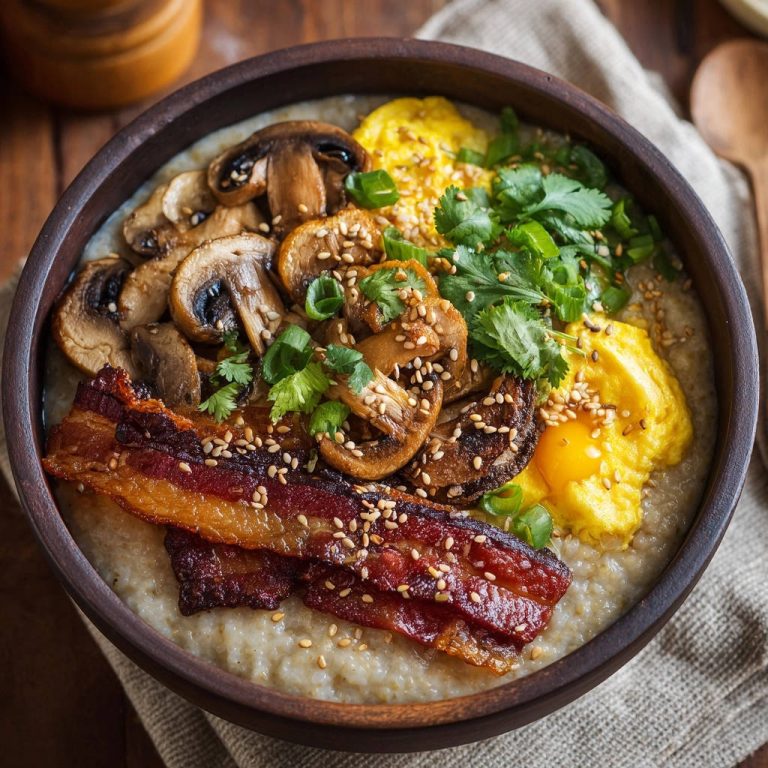 Herzhafte Power-Bowl mit Bacon und Ei, garniert mit Pilzen und Koriander, in einer Holzschale serviert