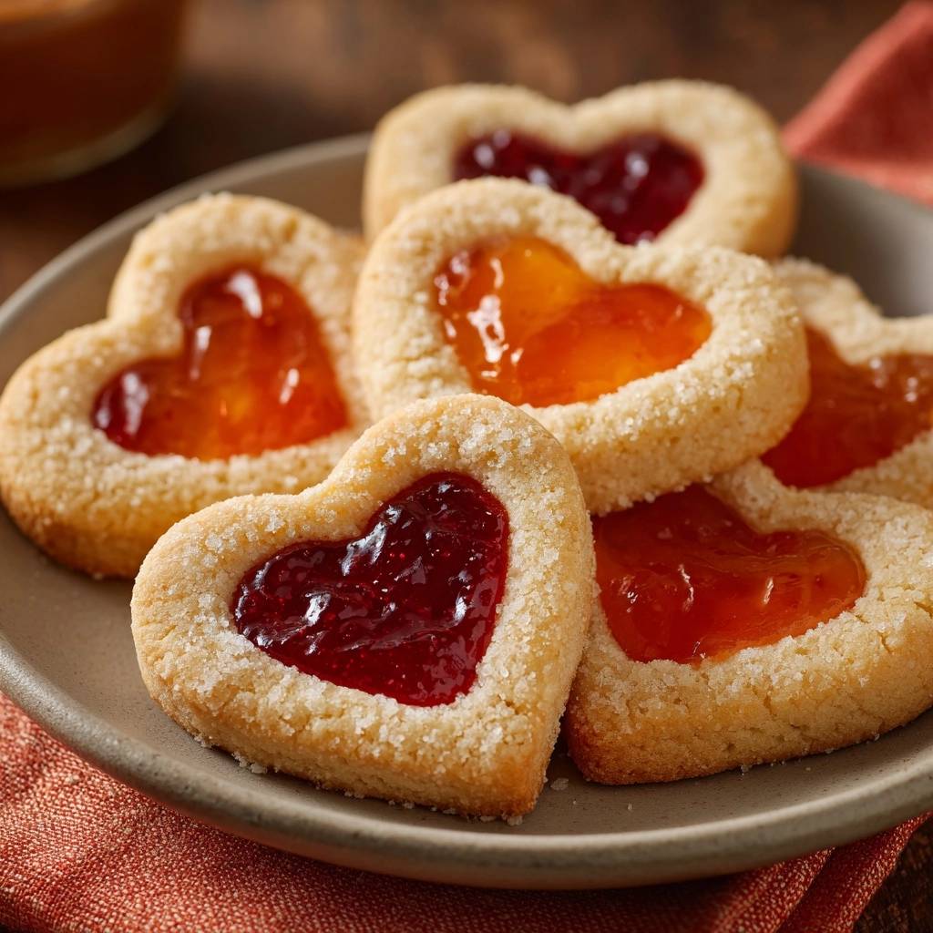 Herzige Marmeladen-Plätzchen auf einem Teller, Nahaufnahme mit verschiedenen Marmeladensorten in Herzform.