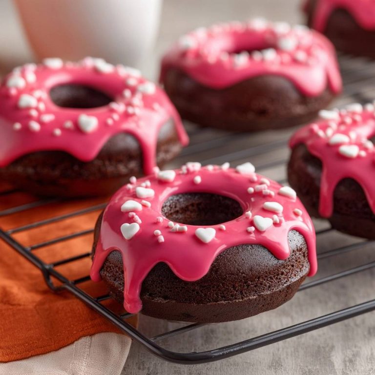 Herzige Schoko-Donuts mit Pink-Glasur, die auf einem schwarzen Kuchengitter mit orangefarbenem Tuch abkühlen.