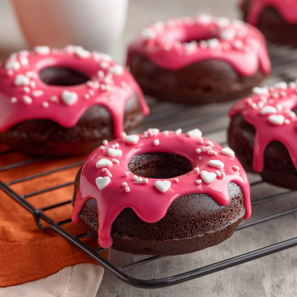 Herzige Schoko-Donuts mit Pink-Glasur, die auf einem schwarzen Kuchengitter mit orangefarbenem Tuch abkühlen.