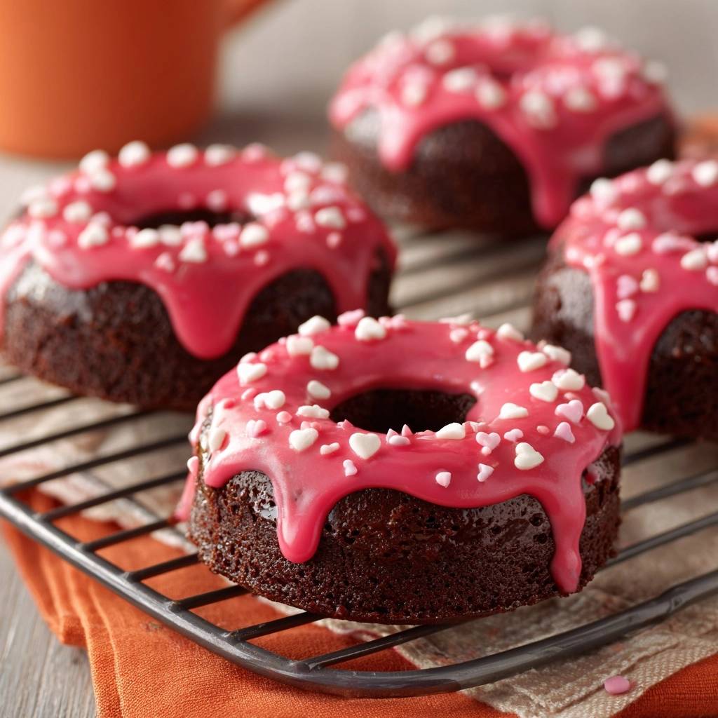 Herzige Schoko-Donuts mit Pink-Glasur auf einem Kühlgitter mit Zuckerherzen, frisch gebacken und dekoriert.