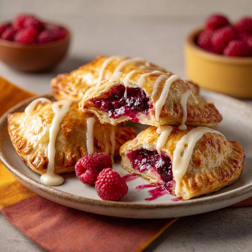 Himbeer-Blätterteigtaschen angeschnitten mit glasiertem Teig und frischen Himbeeren auf einem Teller