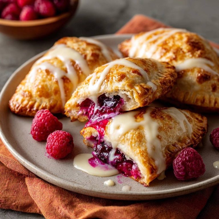 Himbeer-Blätterteigtaschen angeschnitten mit zarter Glasur und frischen Himbeeren auf einem Teller