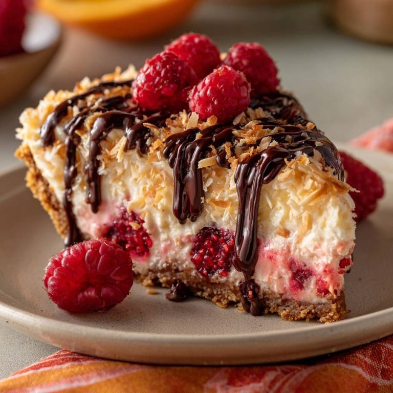 Himbeer-Kokos-Cheesecake mit Schoko-Guss angeschnitten, zeigt cremige Füllung mit Himbeeren und Kokosraspeln.