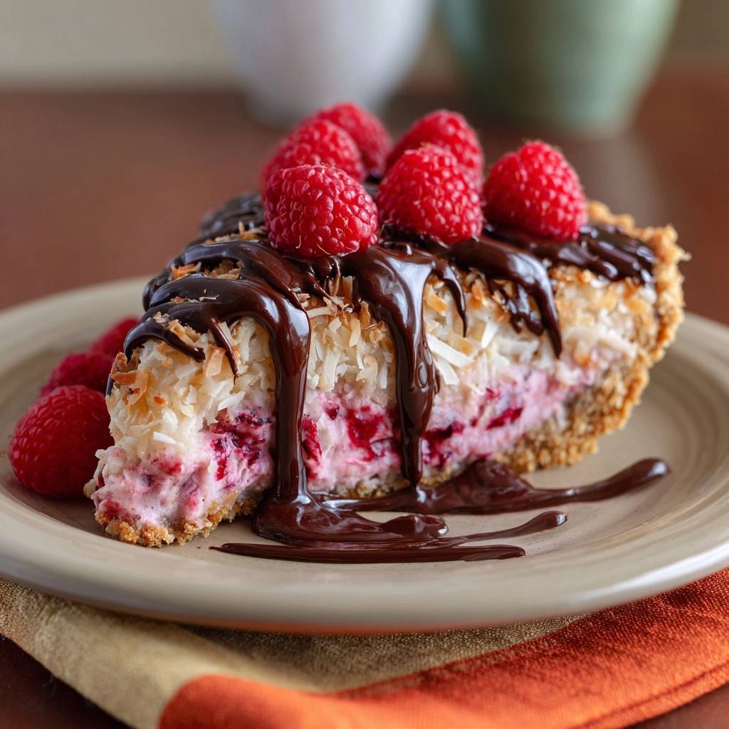 Himbeer-Kokos-Cheesecake mit Schoko-Guss, ein angeschnittenes Stück auf einem Teller mit frischen Himbeeren garniert.