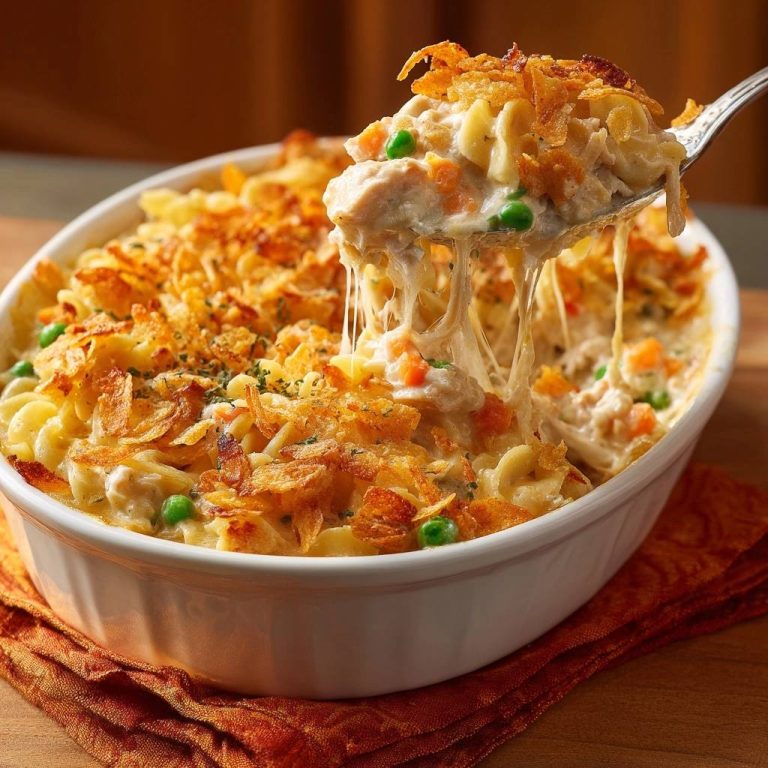 Cremiger Hühner-Makaroni-Auflauf mit Käse, der beim Anheben von der Gabel gezogen wird, mit knuspriger Topping-Schicht.