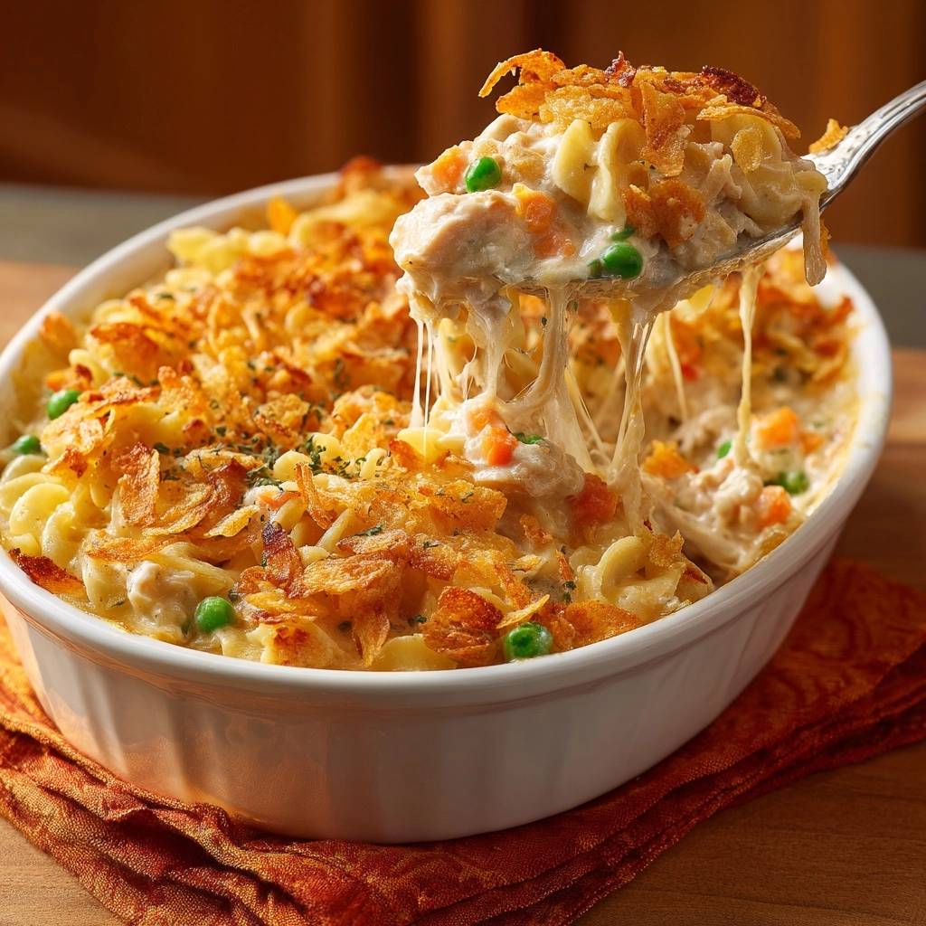 Cremiger Hühner-Makaroni-Auflauf mit Käse, der beim Anheben von der Gabel gezogen wird, mit knuspriger Topping-Schicht.