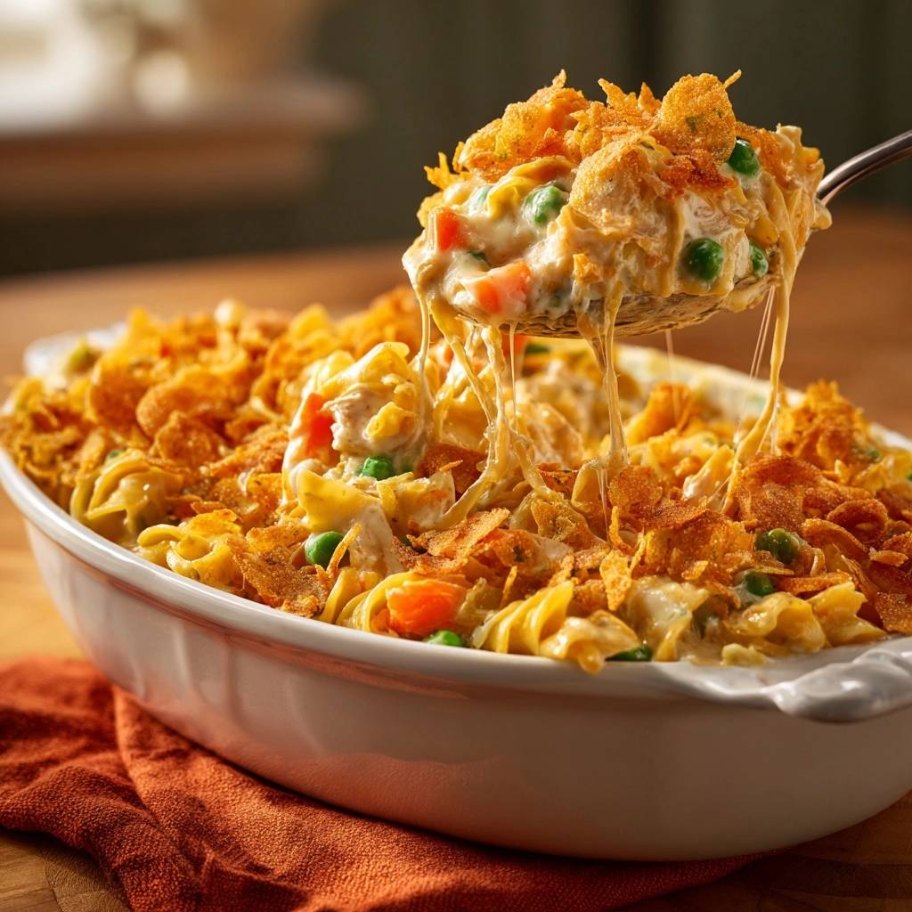 Cremiger Hühner-Makaroni-Auflauf mit geschmolzenem Käse und knuspriger Kruste, detailgenaue Nahaufnahme