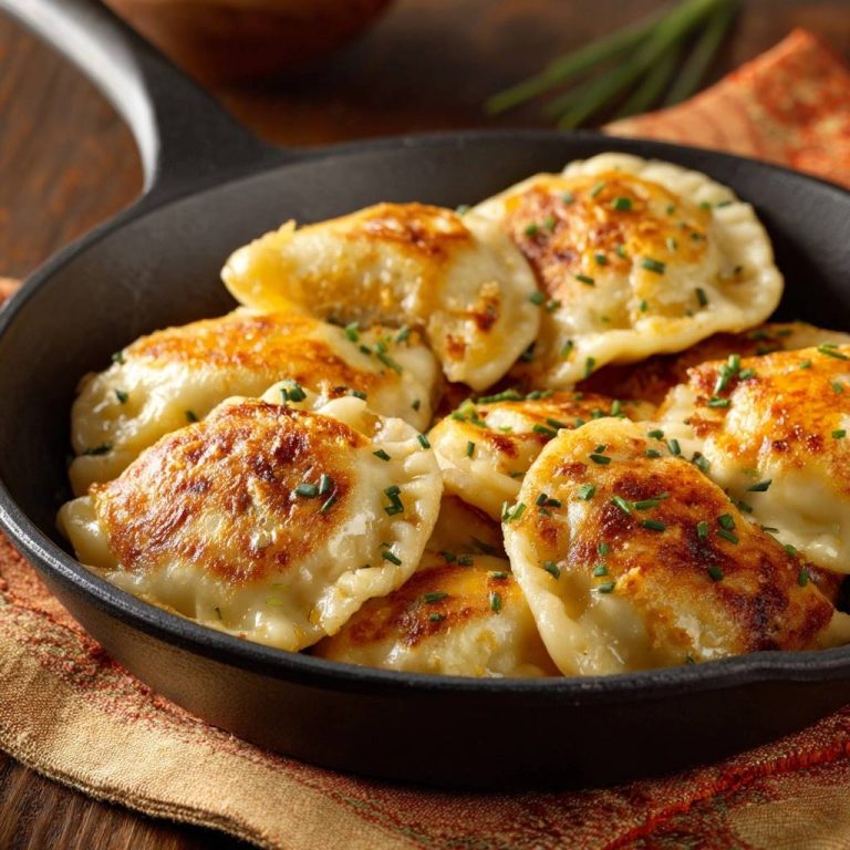 Knusprige Käse-Pierogi in einer Pfanne mit gehacktem Schnittlauch garniert, bereit zum Servieren.