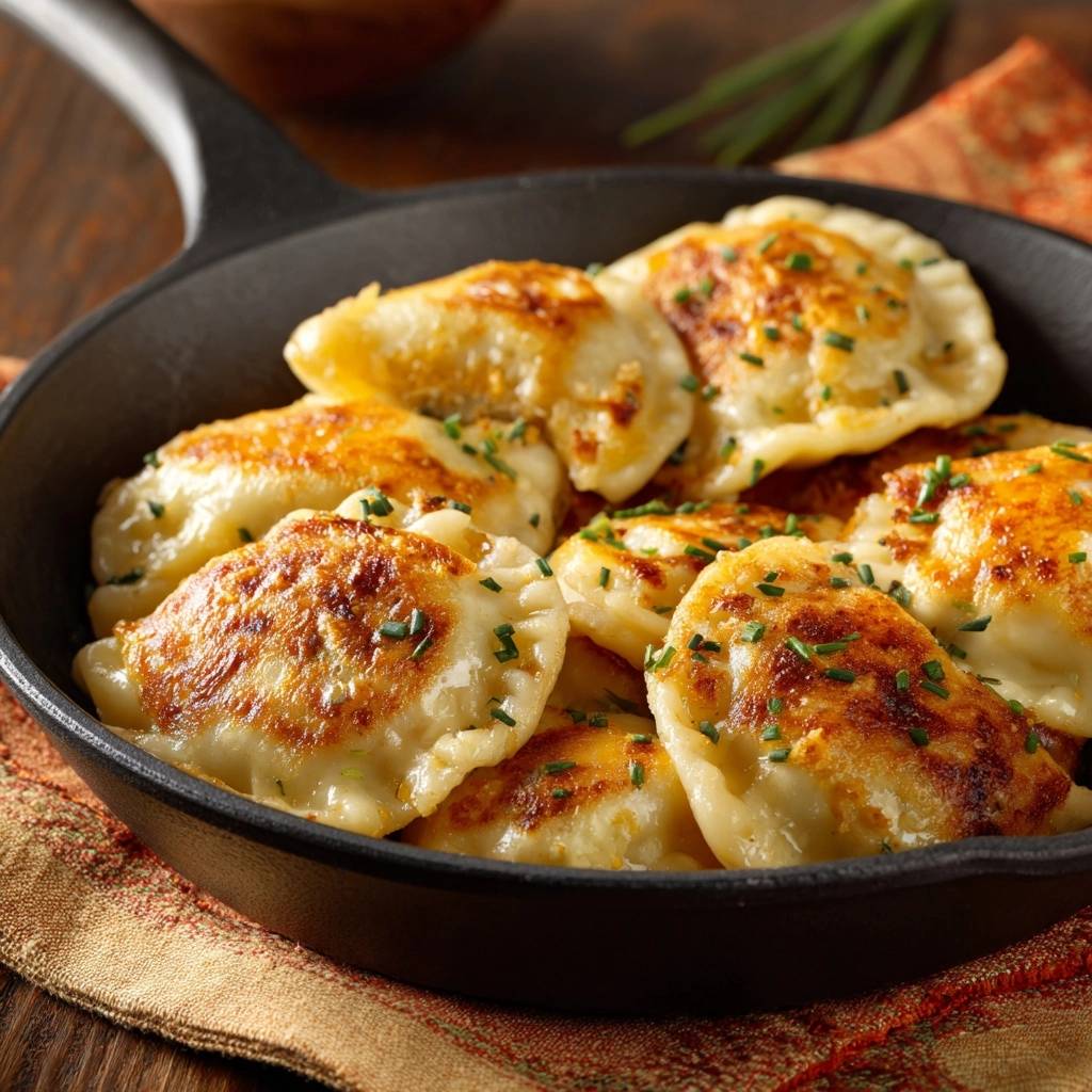 Knusprige Käse-Pierogi in einer Pfanne mit gehacktem Schnittlauch garniert, bereit zum Servieren.