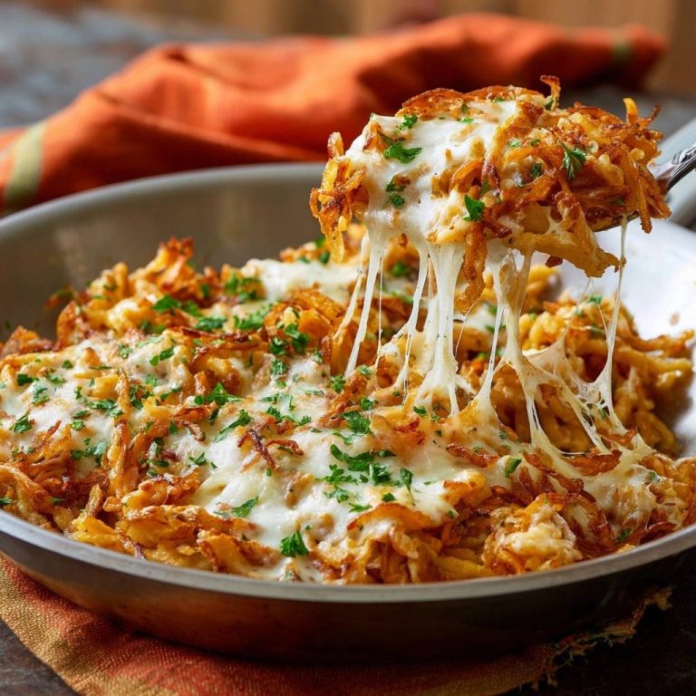 Knusprige Käse-Rösti mit geschmolzenem Käse, der beim Hochheben Fäden zieht und mit Petersilie garniert ist.