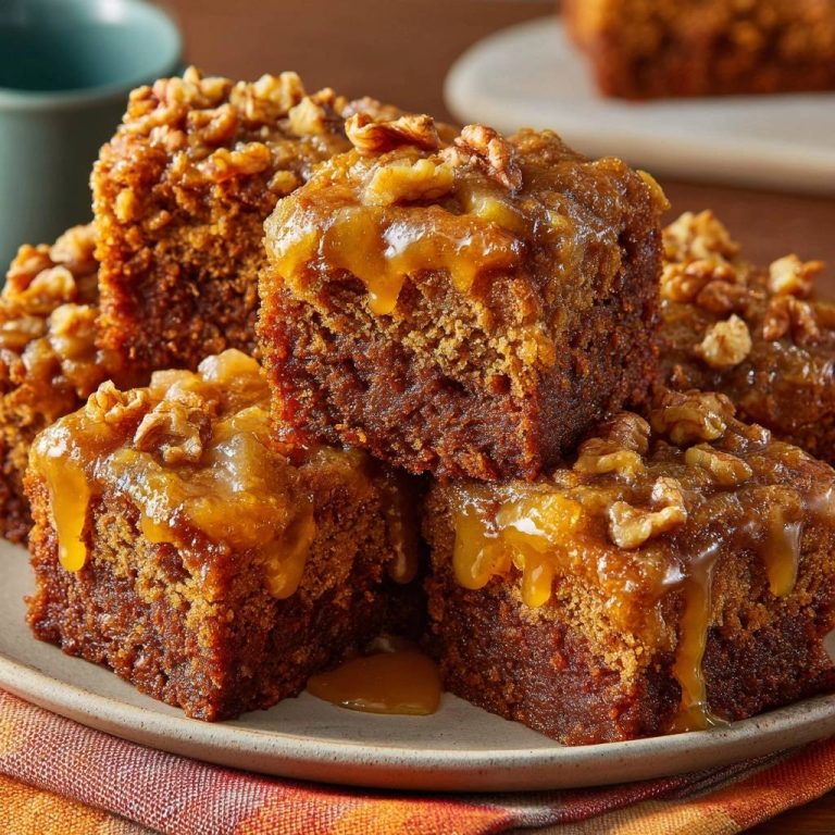 Saftige Karamell-Walnuss-Brownies angeschnitten, mit glänzender Karamellglasur und Walnüssen garniert.