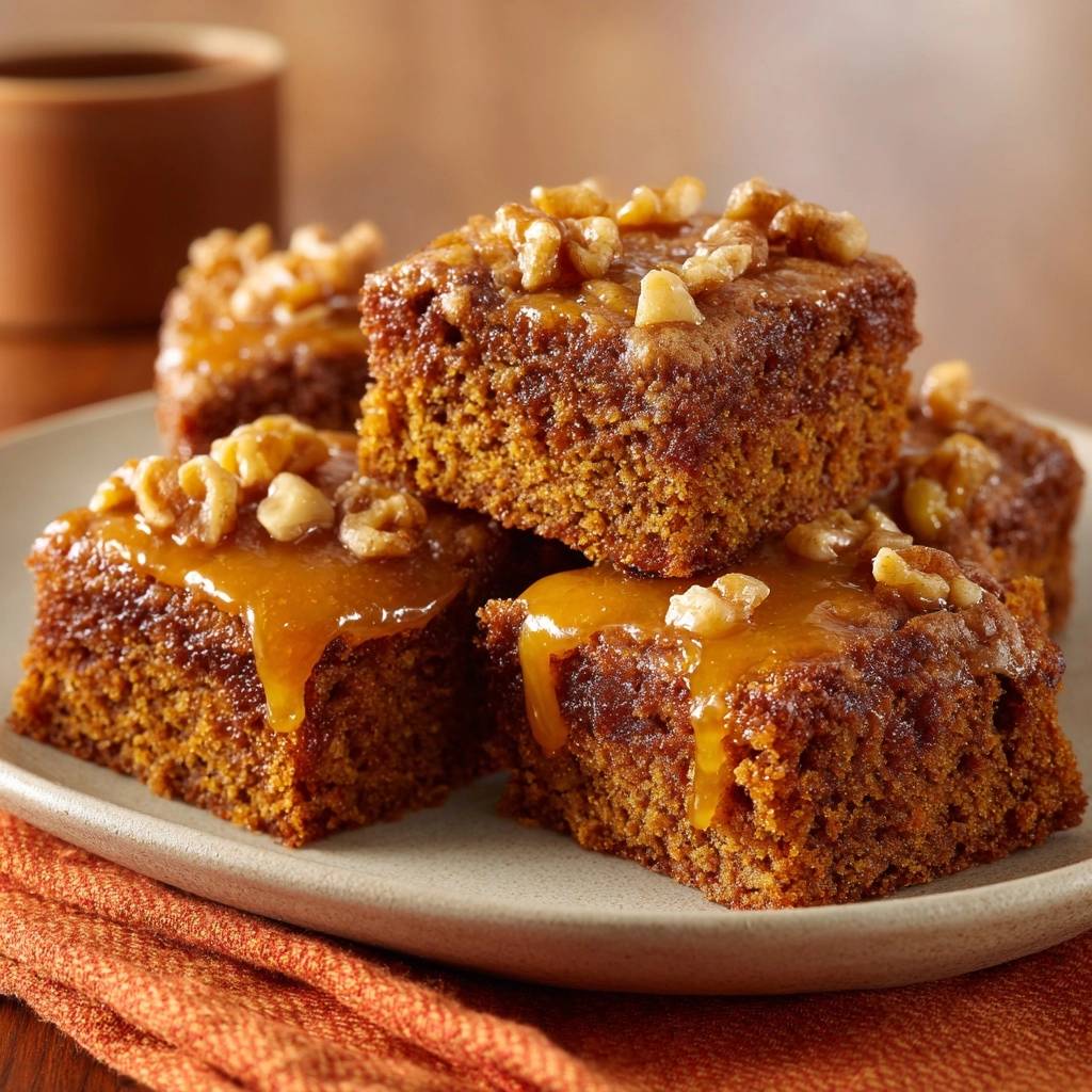 Saftige Karamell-Walnuss-Brownies als Stapel mit glänzender Karamellglasur und Walnüssen garniert.