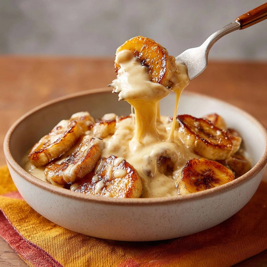 Karamellisierte Bananen mit Vanillecreme, eine Gabel hebt eine Bananenscheibe aus der cremigen Sauce.