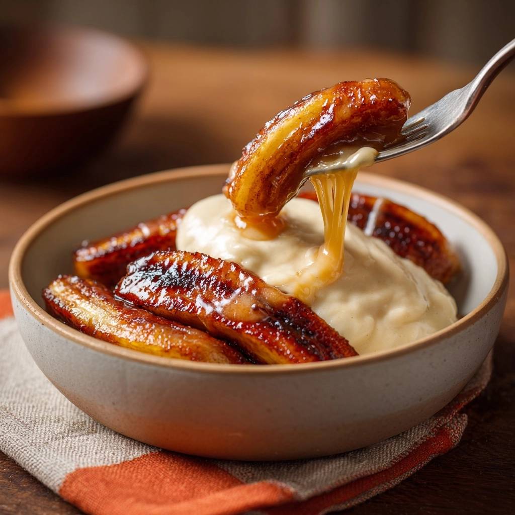 Karamellisierte Bananen mit Vanillecreme, eine mit einer Gabel herausgehoben und mit süßer Sauce beträufelt.