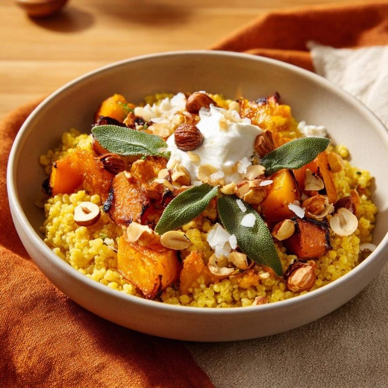 Karamellisierter Kürbis-Couscous mit Haselnüssen & Salbei, nahaufnahme mit Kaiserschoten und Nüssen garniert