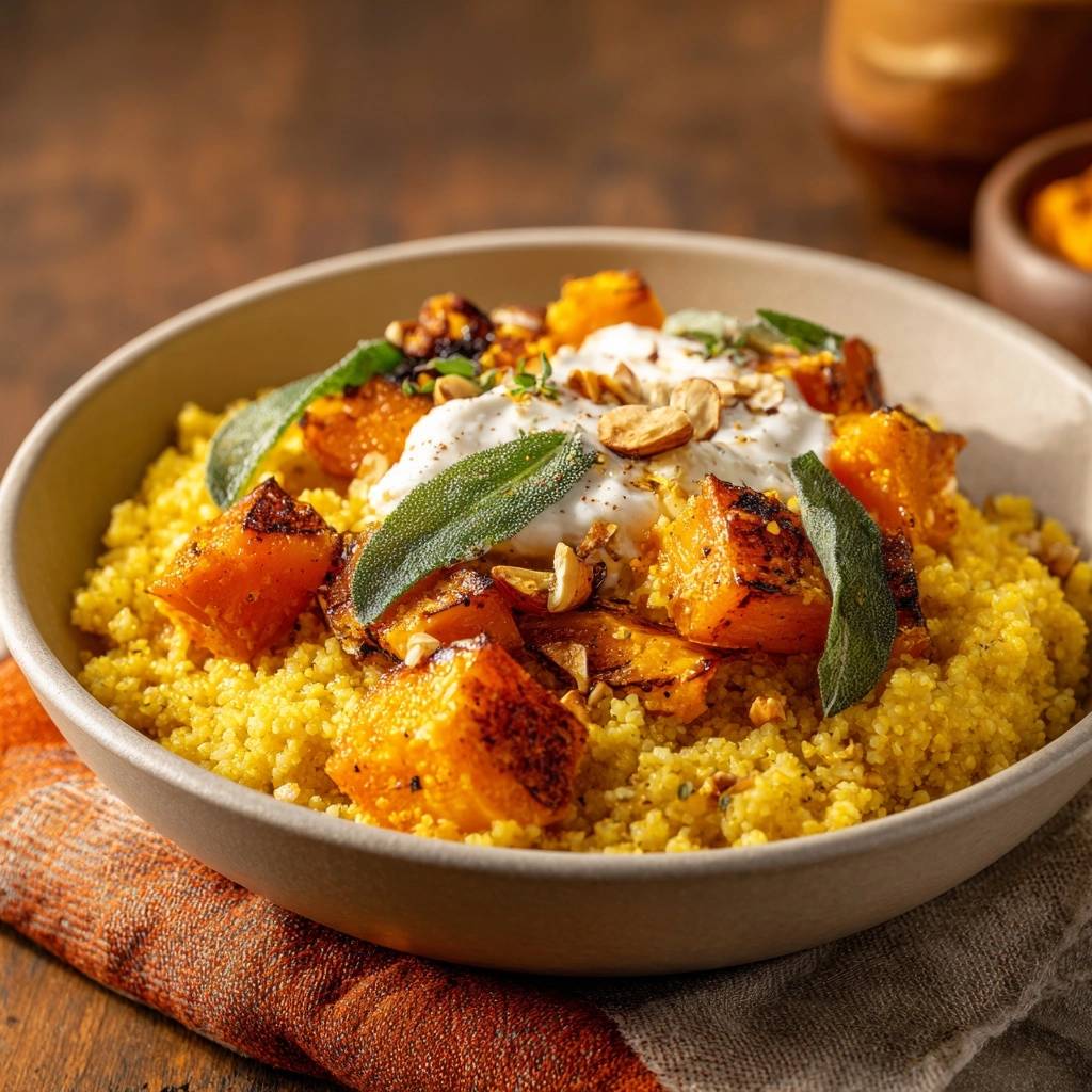 Karamellisierter Kürbis-Couscous mit Haselnüssen & Salbei, serviert in einer Schüssel mit detaillierter Garnitur aus Salbeiblättern und Nüssen.