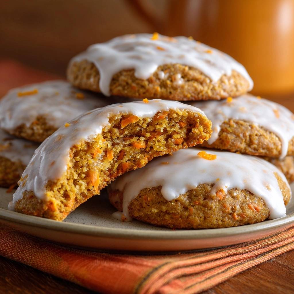 Karottenkekse mit Orangenglasur, angeschnitten, mit einem Blick auf die saftige Innenseite und die weiße Glasur.