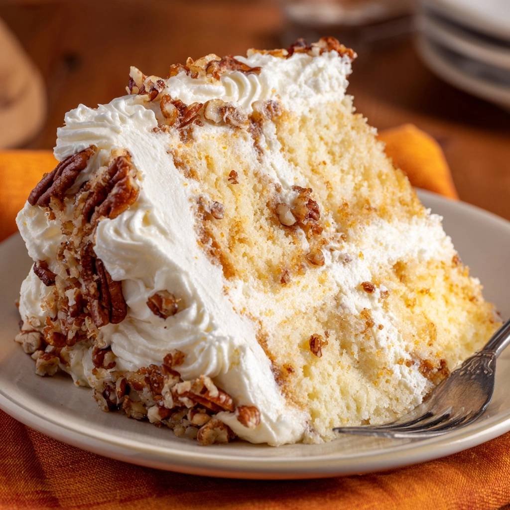 Saftiger Karottenkuchen mit Frischkäse-Creme, ein angeschnittenes Stück auf einem Teller mit Pekannüssen garniert