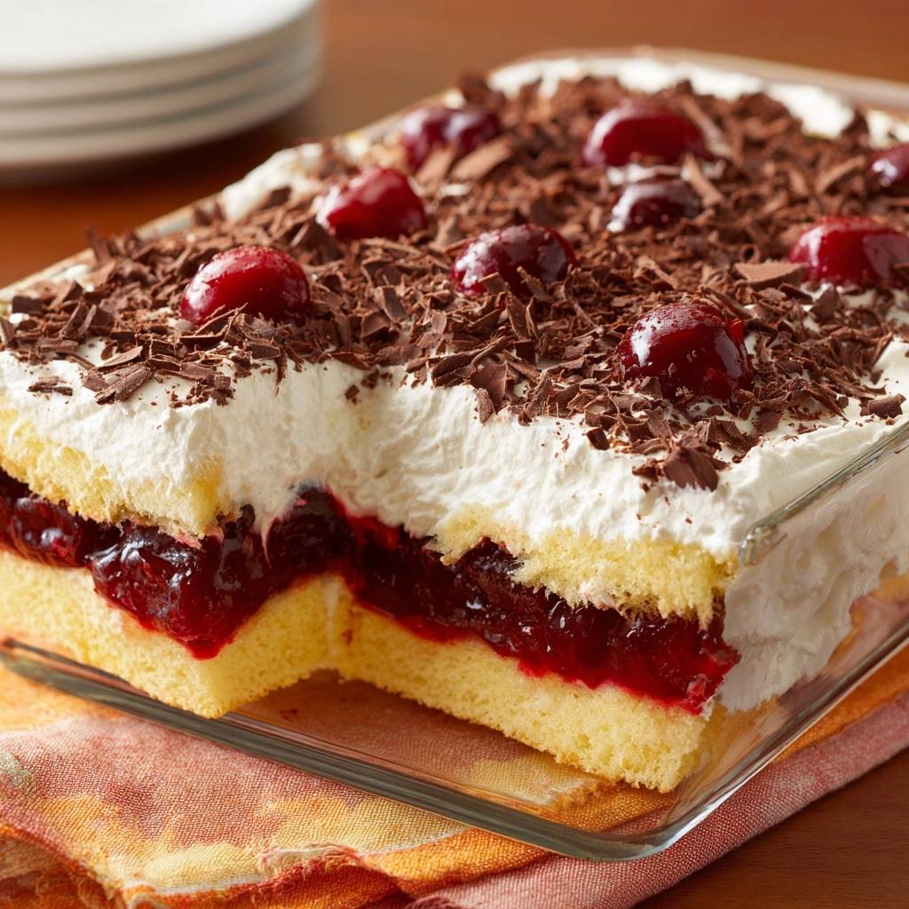 Kirsch-Schoko-Sahne-Torte angeschnitten, zeigt die saftigen Kirschschichten und luftige Sahne.