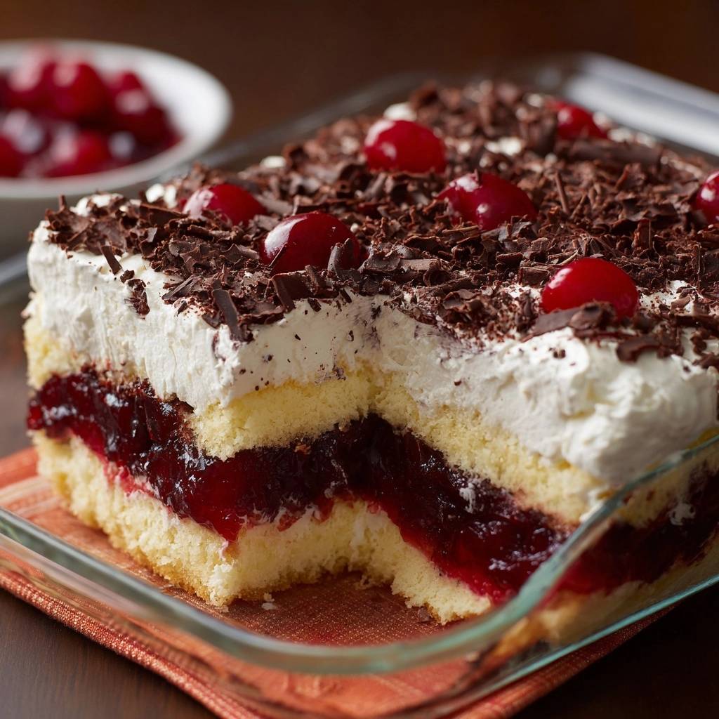 Kirsch-Schoko-Sahne-Torte angeschnitten, mit Schokoladenraspeln und Kirschen garniert, zeigt den saftigen Kuchenboden.