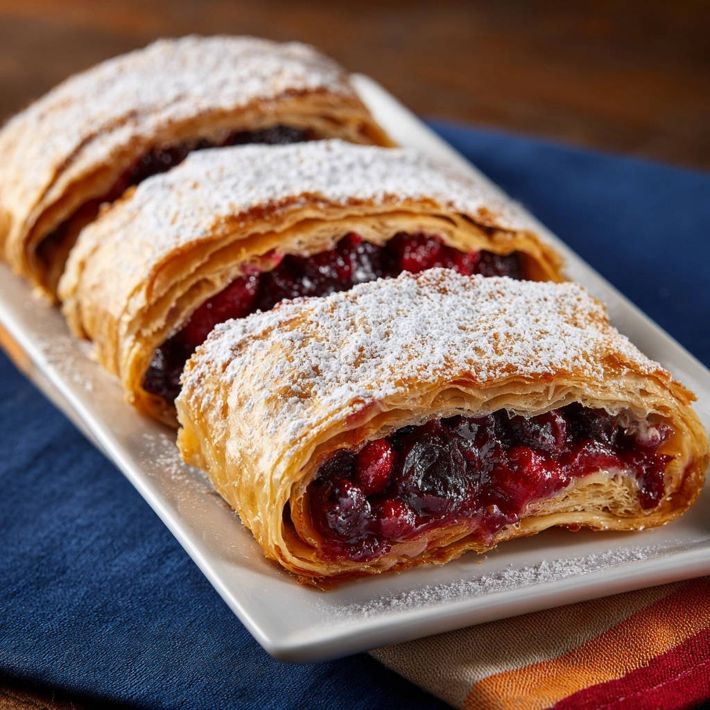 Knuspriger Kirsch-Strudel angeschnitten, mit einem detaillierten Blick auf die saftige Füllung und den gebackenen Teig.
