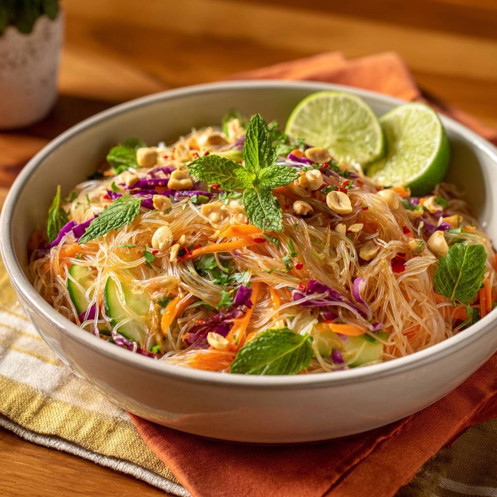 Knackiger asiatischer Reisnudelsalat, garniert mit Minze, Erdnüssen und Limettenspalten, serviert in einer Schüssel.