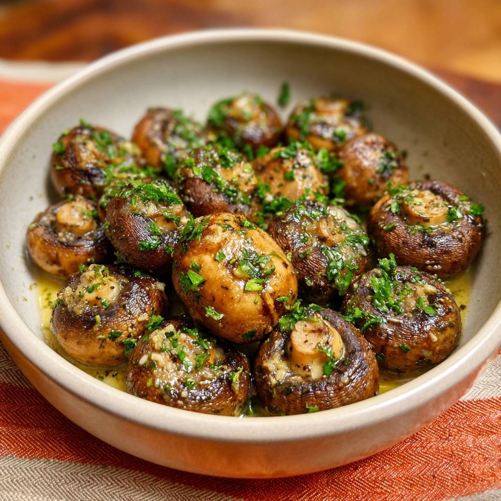 Knoblauch-Pilze mit frischer Petersilie garniert, eine köstliche Beilage mit herzhaftem Aroma.