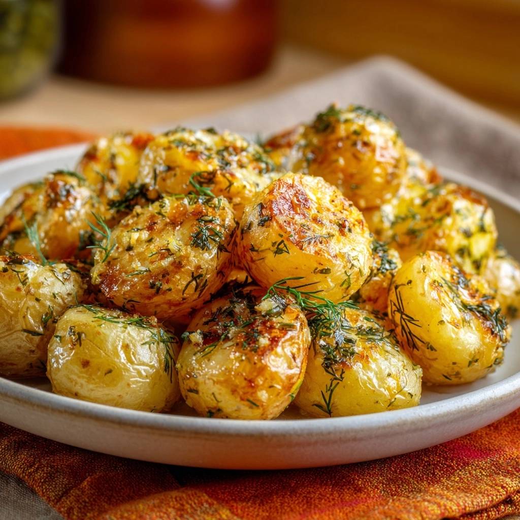 Knusprige Dill-Babykartoffeln mit frischer Dillgarnitur und Knoblauch-Gewürzen auf einem Teller serviert.