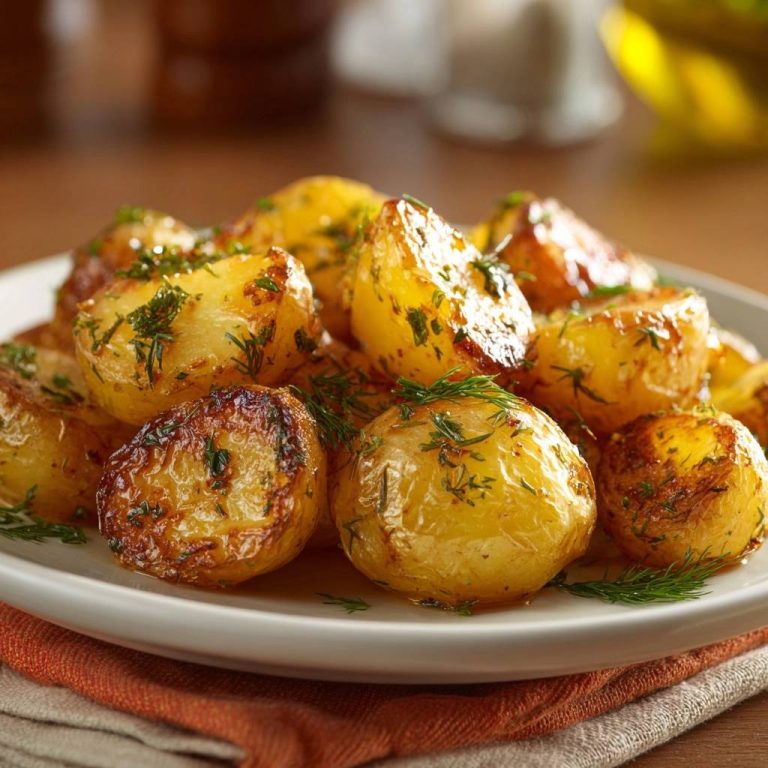 Knusprige Dill-Babykartoffeln, eine Nahaufnahme einer Portion mit frischen Kräutern garniert auf einem Teller