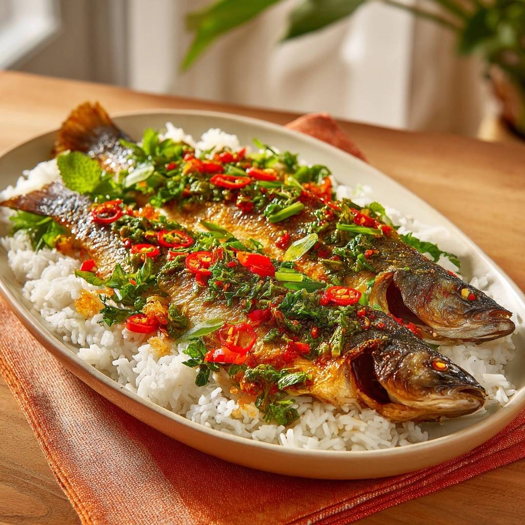Knusprige Forelle mit Chili-Kräutern auf Reis, im Detail mit frischer Garnitur und roten Chilischeiben.