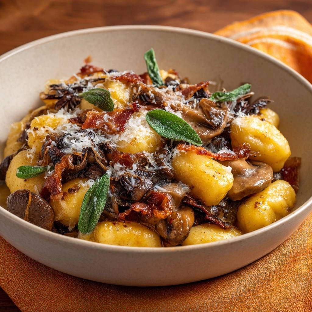 Knusprige Gnocchi mit Champignons, Räuchertofu und Spinat, im Detail auf dem Teller nah aufgenommen.