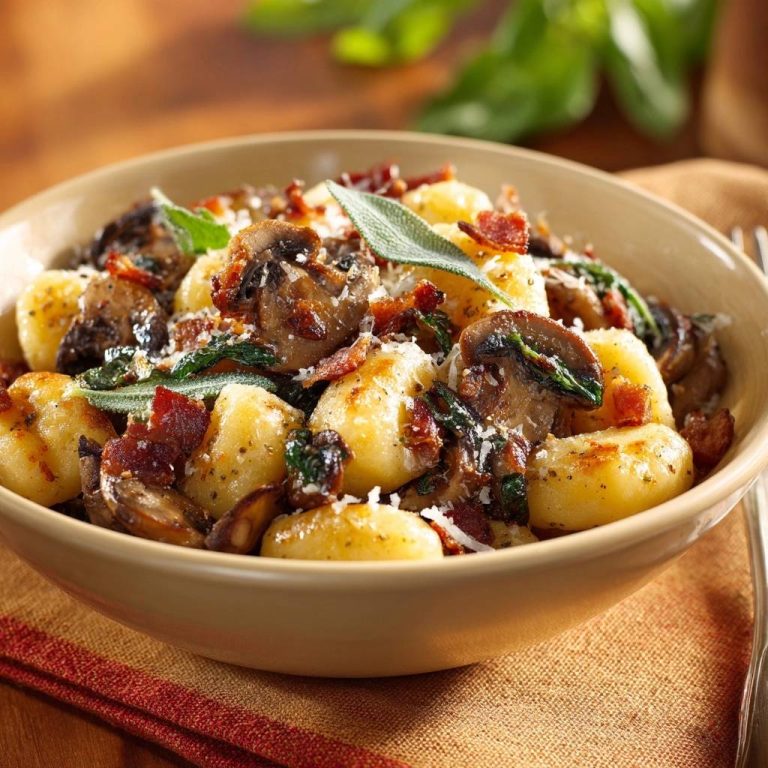 Knusprige Gnocchi mit Champignons, Räuchertofu und Spinat, hier in einer detailreichen Nahaufnahme mit Garnitur.