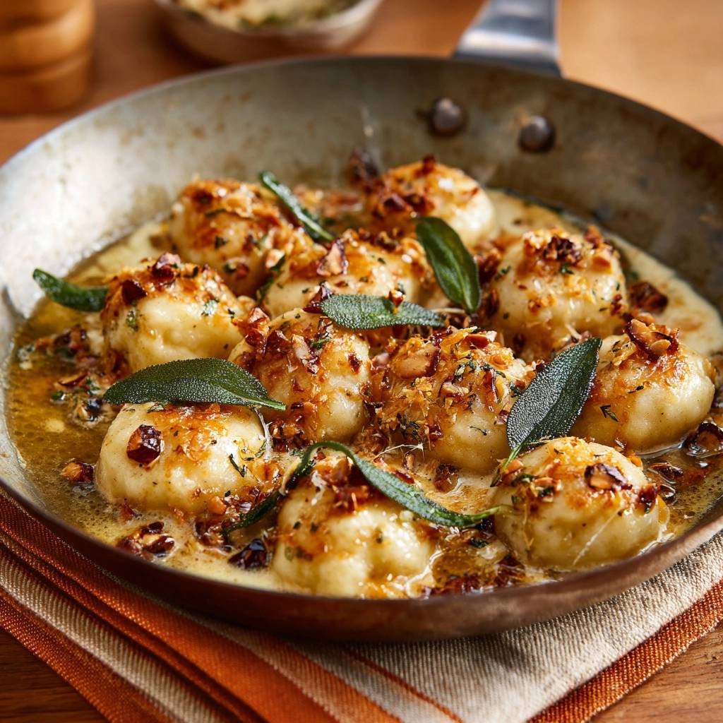 Knusprige Gnocchi mit Salbei, Haselnüssen und Parmesan in einer Pfanne mit Nahaufnahme der Textur und Garnitur.