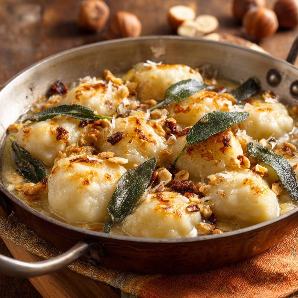 Knusprige Gnocchi mit Salbei, Haselnüssen und Parmesan in einer Pfanne serviert, mit Fokus auf die goldbraunen Gnocchi und die Garnitur.