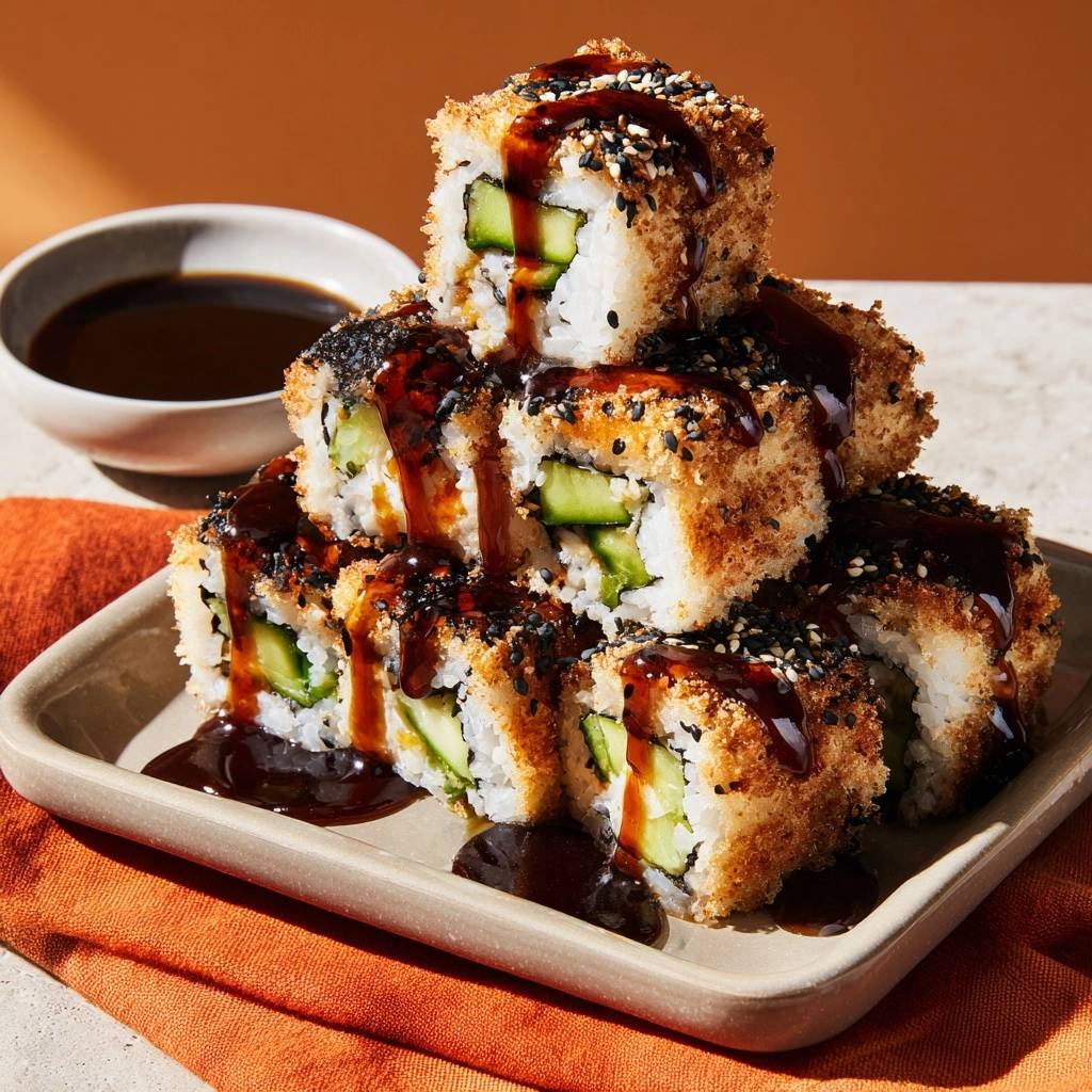 Knusprige Gurken-Sushi-Rolls mit einer dunklen Sauce, die über die knusprige Panade und den Reis fließt.