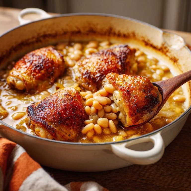 Knusprige Hähnchenschenkel mit weißen Bohnen, eine Portion wird mit einem Holzlöffel aus der Pfanne gehoben.