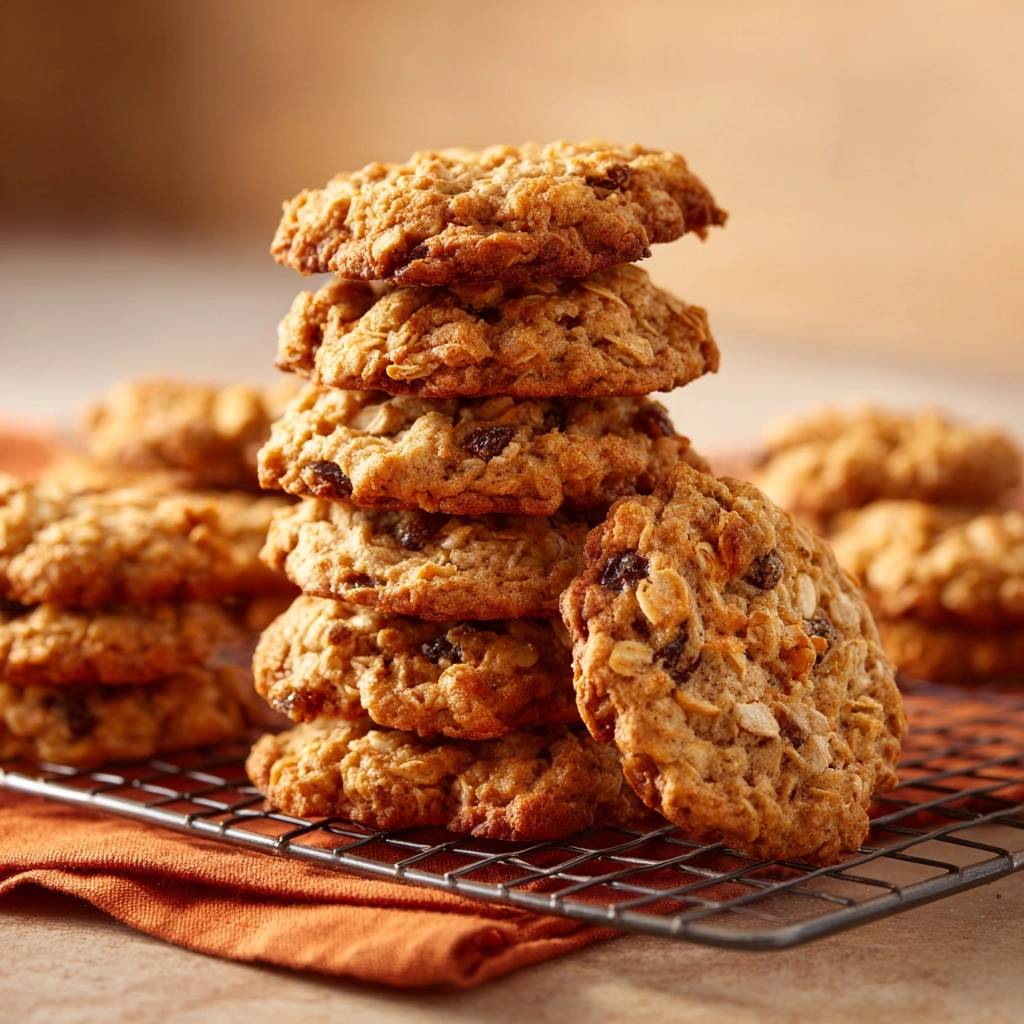 Knusprige Hafer-Rosinen-Cookies, gestapelt auf einem Kühlgitter, mit einem orangefarbenen Tuch darunter und im Hintergrund weitere Kekse.