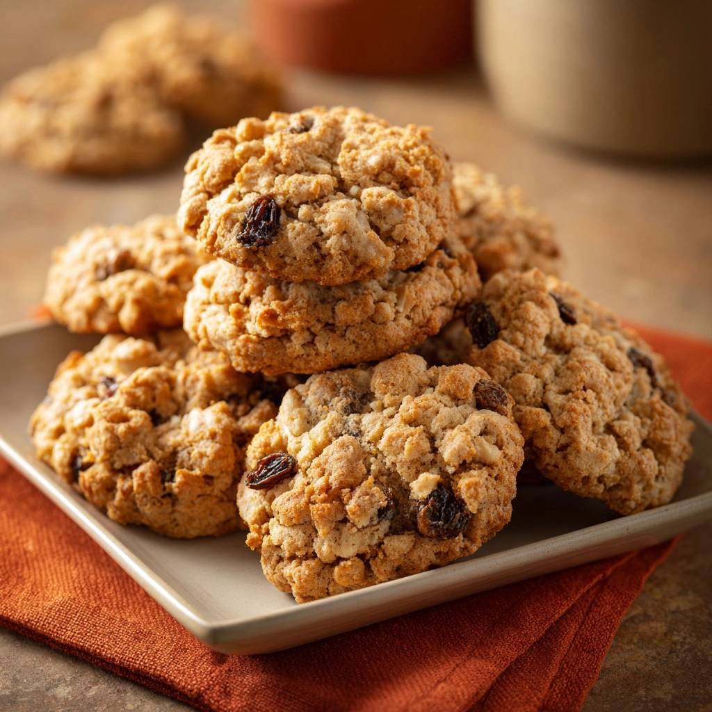 Knusprige Hafer-Rosinen-Cookies, ein Stapel frisch gebackener Kekse mit Rosinen, appetitlich auf einem Teller arrangiert.
